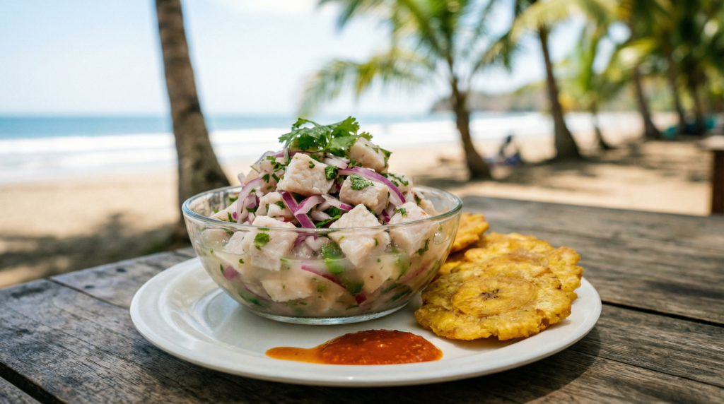 A delicious-looking plate of fresh ceviche served at a beachfront restaurant in Playas del Coco.