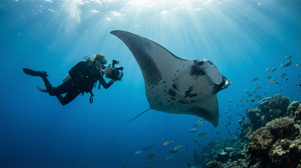 A scuba diver swimming alongside a majestic giant manta ray in the clear blue waters of the Gulf of Papagayo