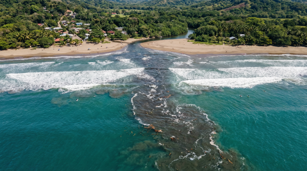 An aerial view of a beach clearly showing a dark, churning channel of water, identifying a dangerous riptide.