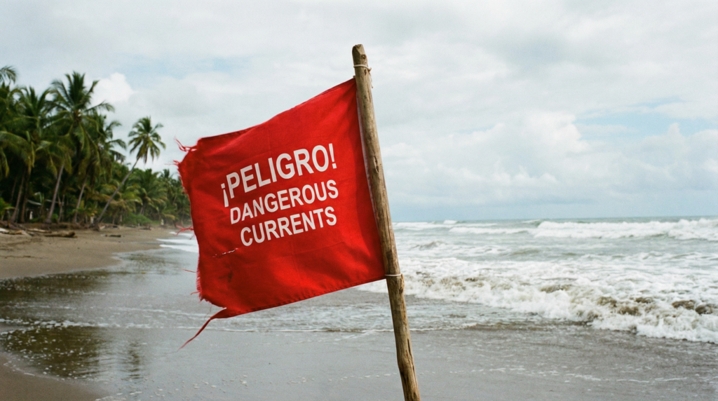 A red warning flag on a Costa Rican beach, signaling dangerous water conditions and the presence of riptides.