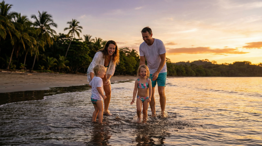 A family safely enjoying the shallow waters of a calm Costa Rican beach at sunset.