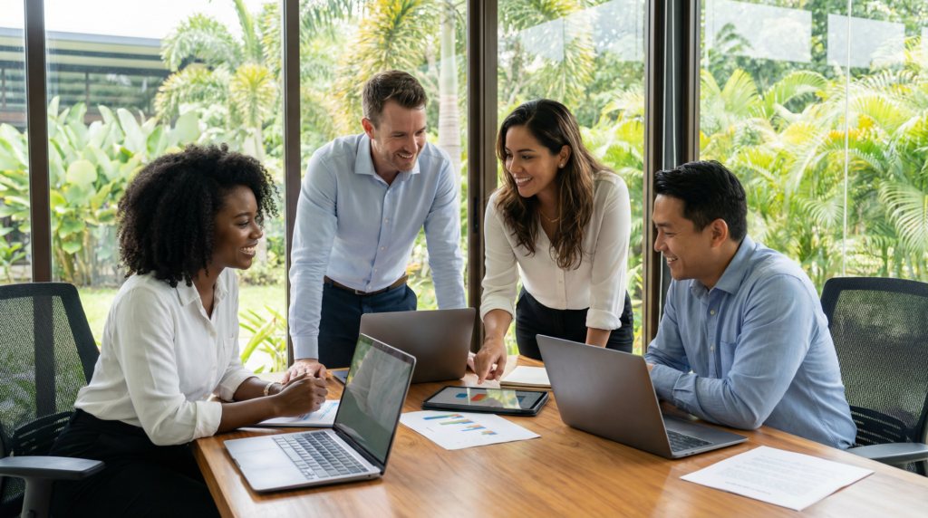 A diverse team of professionals in a modern office in Costa Rica, collaborating on a business project.