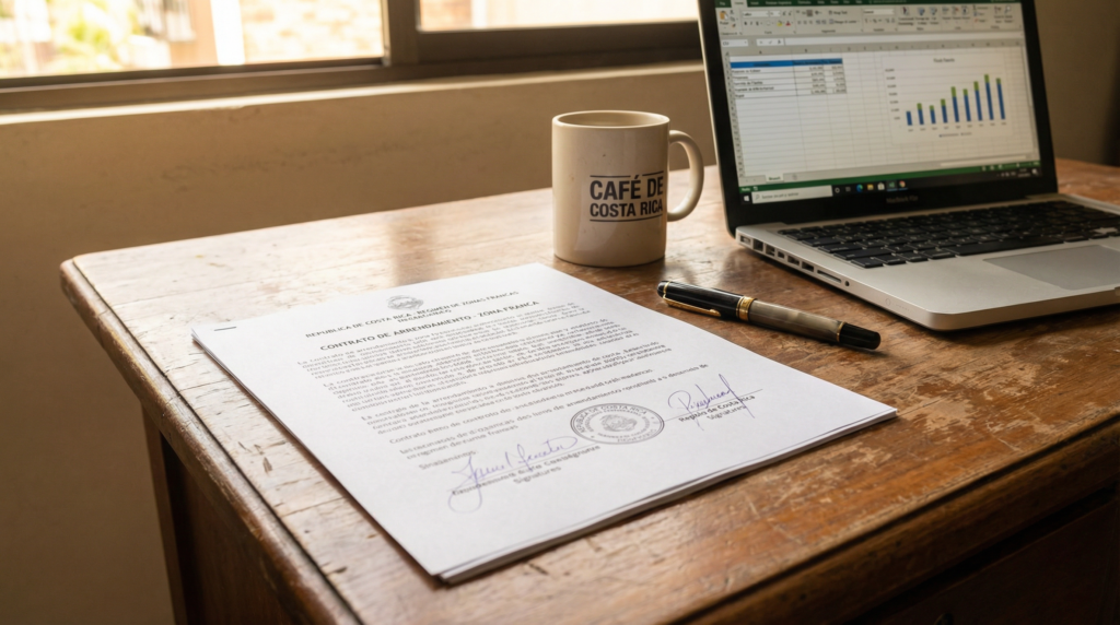 A close-up of a signed contract for a new business venture in a Costa Rican tax-free zone.