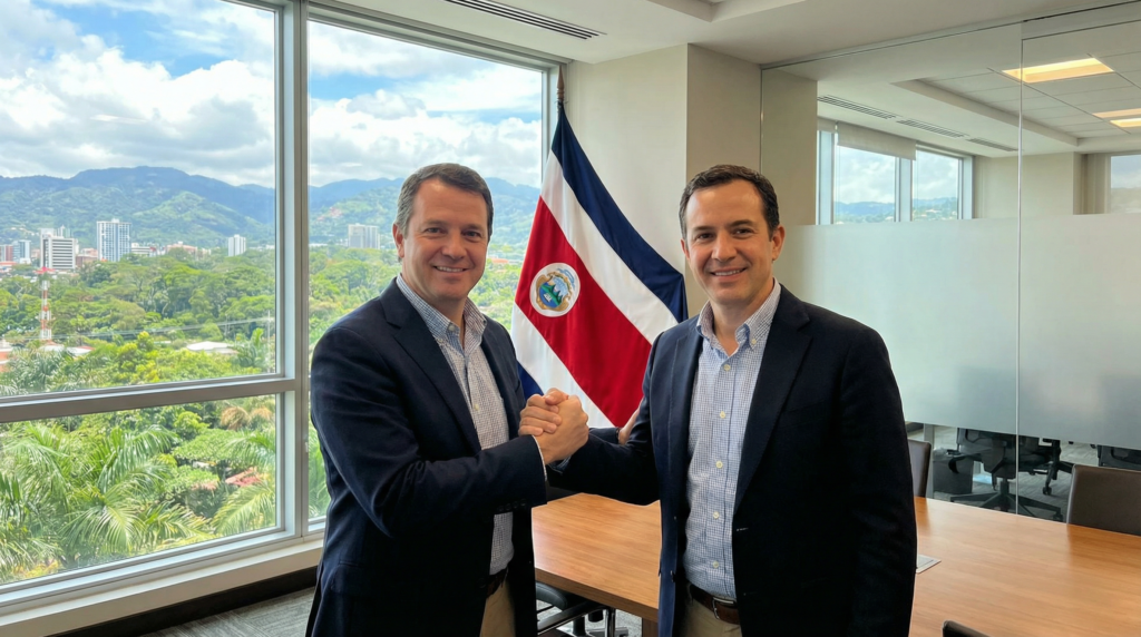 A symbolic image of a handshake in front of the Costa Rican flag, representing a successful business partnership.