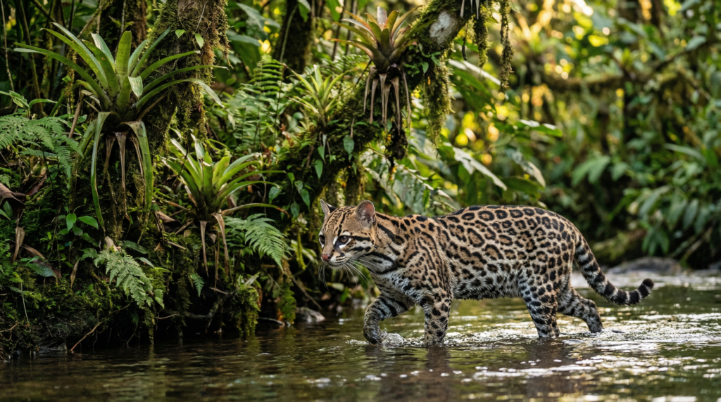 An Ocelot with distinctive chain-like markings walking through shallow water in a Costa Rican rainforest.