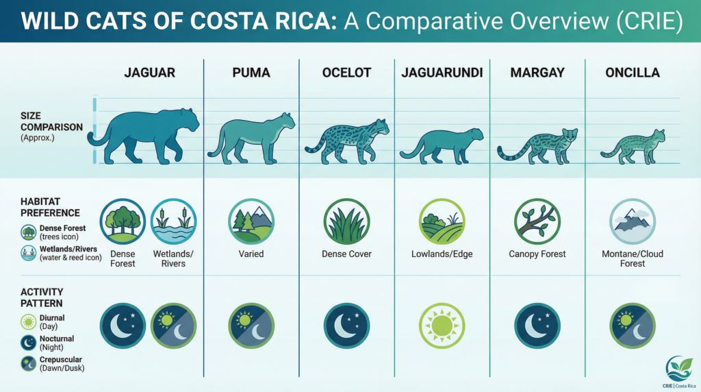 A detailed infographic comparing the size and characteristics of Costa Rica's six wild cat species.