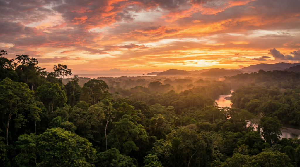 A stunning sunset over the dense jungle canopy of Corcovado National Park, a primary habitat for Costa Rica's wild cats. 
