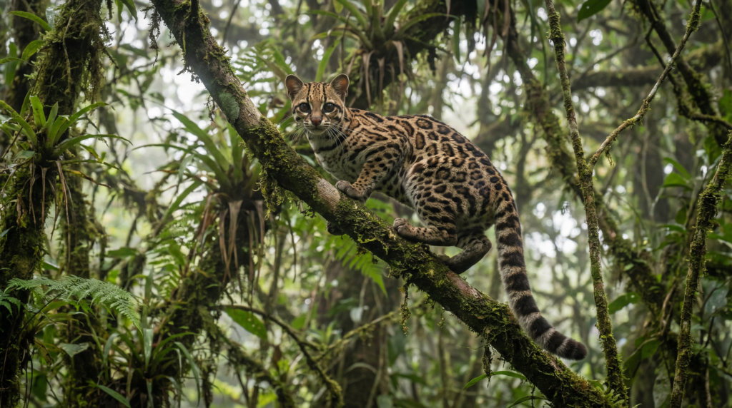 A Margay perched gracefully on a moss-covered branch in a misty Costa Rican cloud forest.