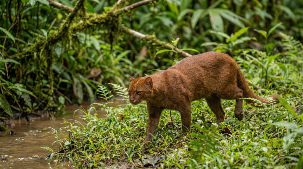 A reddish-brown Jaguarundi walking near a stream in Costa Rica, displaying its distinctive elongated body.