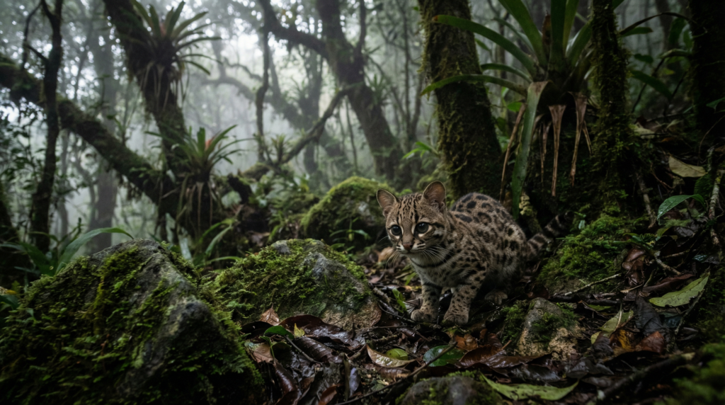 A small Oncilla crouching on a mossy log in a misty Costa Rican cloud forest at dusk.