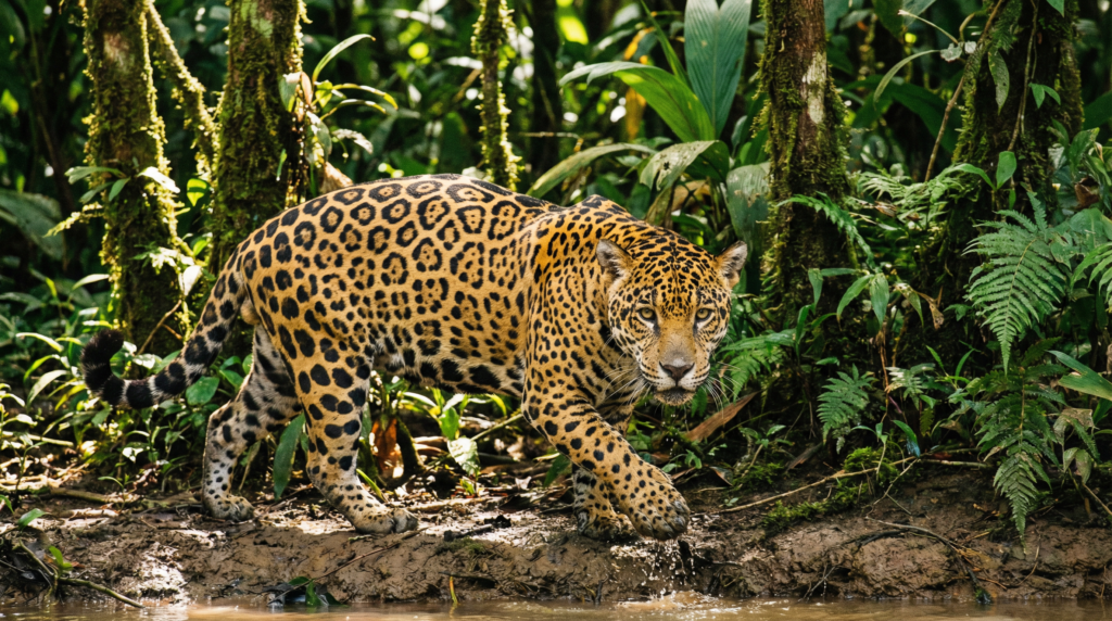 A powerful Jaguar walking through the dense rainforest of Costa Rica, showcasing its distinctive rosette markings.