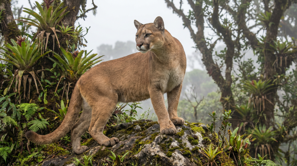 A majestic Puma standing on a rocky outcrop in a misty Costa Rican cloud forest.