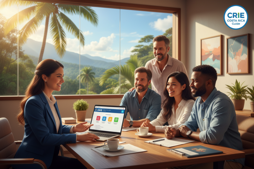 A bright, welcoming office setting in Costa Rica, featuring a friendly bank employee in professional attire assisting a diverse group of expats, engaged in conversation about banking options. In the foreground, a wooden desk is adorned with documents and a laptop displaying account options. The middle ground includes a large window showcasing lush green landscapes and palm trees, typical of Costa Rica's vibrant scenery. Soft, natural lighting filters through the window, creating an inviting atmosphere. In the background, a wall with tasteful art and the logo "CRIE Costa Rica Guide" subtly displayed. The mood is informative and optimistic, reflecting the theme of establishing residency in Costa Rica for banking.
