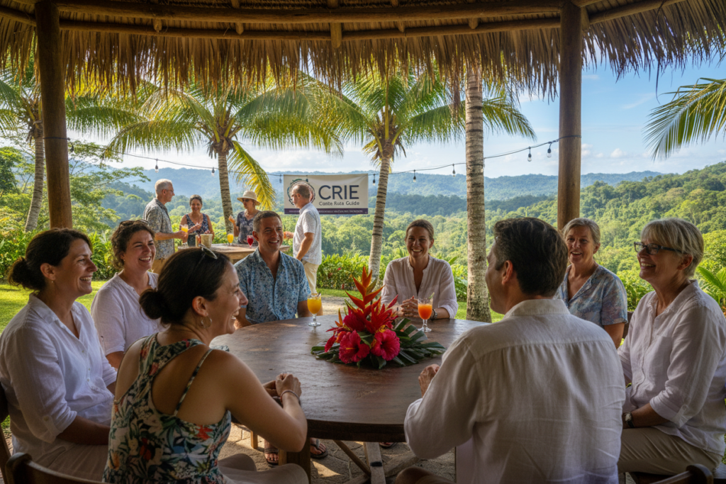 A lively scene depicting an expat club gathering in Costa Rica, showcasing a diverse group of individuals engaging in conversation and activities. In the foreground, a small circle of people—men and women of various ages and backgrounds—are sharing laughs while seated at a rustic outdoor table, adorned with tropical flowers. The middle ground features additional groups mingling under the shade of palm trees, creating a warm and inviting atmosphere. The background highlights a vibrant Costa Rican landscape with lush greenery and distant hills. The lighting is bright and cheerful, simulating a sunny afternoon, enhancing the friendly vibe of connection and community. Capture the essence of a vibrant life in Costa Rica, reflecting camaraderie and cultural exchange. CRIE Costa Rica Guide.