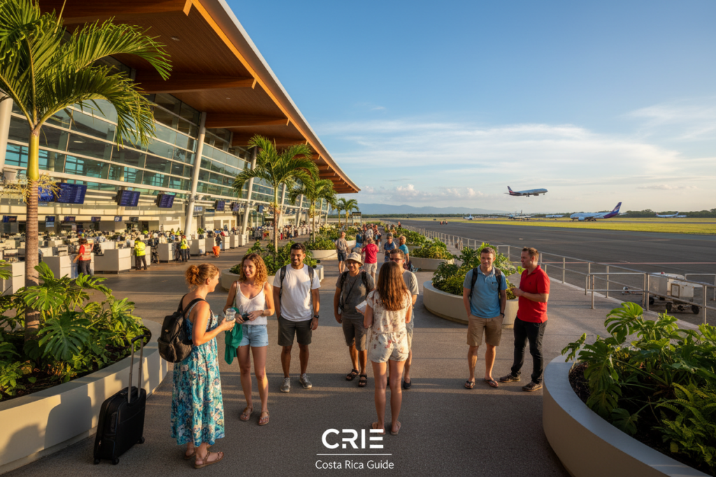 A panoramic view of Daniel Oduber Quirós International Airport (LIR) in Liberia, Guanacaste, Costa Rica. In the foreground, a diverse group of travelers in casual attire, joyfully interacting and exploring the terminal. The middle ground showcases the airport's modern architecture with glass facades, vibrant tropical plants, and check-in counters bustling with activity. In the background, the runway stretches into the distance under a clear blue sky, with a few planes preparing for takeoff. The scene is bathed in warm, natural sunlight, highlighting the lush surroundings and creating a welcoming atmosphere. Capturing the essence of a vibrant travel hub, reflecting the spirit of Costa Rica. No logos or text overlays, safe for work. CRIE Costa Rica Guide.
