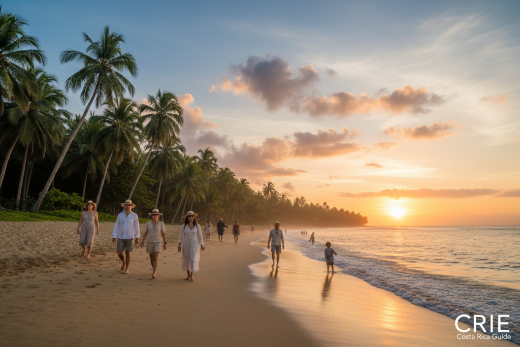 A picturesque beach in Costa Rica, featuring soft golden sands meeting the gentle waves of the Pacific Ocean. The foreground showcases several people in modest casual clothing enjoying the sun, walking along the shoreline. In the middle ground, vibrant palm trees sway lightly in the breeze, providing a tropical atmosphere. The background reveals a stunning blue sky scattered with fluffy white clouds, while the sun sets on the horizon, casting a warm golden hue over the scene. This idyllic setting evokes feelings of tranquility and the allure of Costa Rica's natural beauty. Captured with a wide-angle lens, the image conveys a sense of spaciousness and serenity, perfect for illustrating the leisure of beach life in Costa Rica. CRIE Costa Rica Guide.