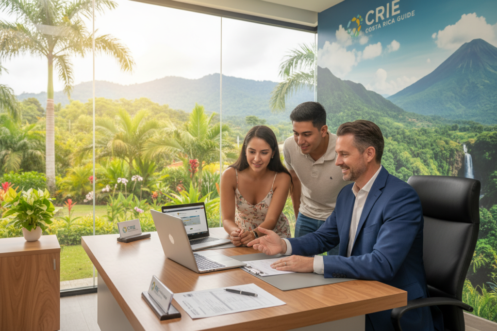 A serene, welcoming bank office scene in Costa Rica, featuring a middle-aged Caucasian banker in professional attire assisting a young couple, a Hispanic man and a woman, both dressed in modest casual clothing. The foreground highlights a sleek wooden desk with banking forms and a laptop open to a digital portal. In the middle ground, a large glass window reveals lush tropical greenery outside, symbolizing the vibrant atmosphere of Costa Rica. The background showcases a mural of Costa Rican landscapes, enhancing the local feel of the space. Soft, natural lighting filters in from the window, creating a warm, inviting mood. The image encapsulates professionalism and approachability, perfectly aligned with expat banking in Costa Rica. The brand name "CRIE Costa Rica Guide" should be subtly integrated into the design.