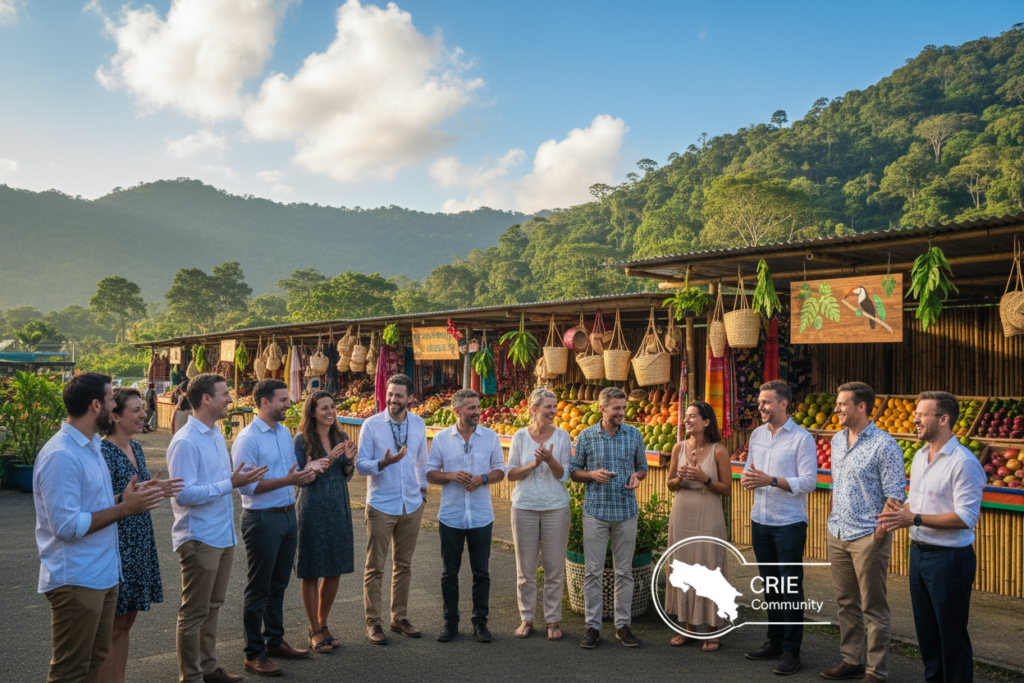 A vibrant Costa Rica community scene bustling with activity and warmth. In the foreground, a diverse group of expats engaged in lively conversation, dressed in professional business attire and modest casual clothing, showcasing a sense of camaraderie. In the middle ground, colorful stalls with tropical fruits and handmade crafts, hinting at local culture. A background of lush green hills and a bright blue sky dotted with fluffy white clouds. Soft, natural lighting evokes a welcoming atmosphere, creating a sense of belonging. Capture this essence through a wide-angle lens to provide depth, emphasizing the lively engagement of the community. The image should reflect the joy and connection of expat life in Costa Rica, with a subtle nod to "CRIE Costa Rica Guide" through visual elements, without any logos or text.