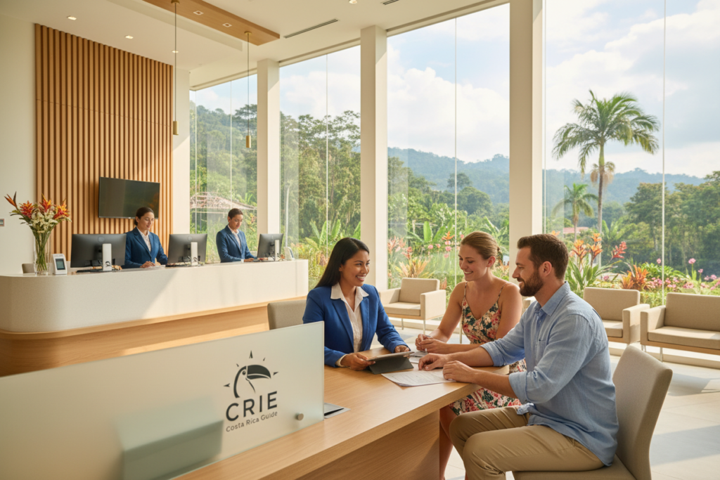 A vibrant banking scene set in a modern Costa Rican bank, showcasing a welcoming atmosphere. In the foreground, a friendly bank representative in professional business attire assists an expatriate couple, both dressed in modest casual clothing. The middle ground features a sleek, contemporary bank counter with high-tech banking equipment, while the background reveals large windows with lush green tropical scenery typical of Costa Rica. Soft natural sunlight filters through, creating a warm and inviting ambiance. The image evokes a sense of ease and accessibility in banking for expatriates. Capture the essence of professionalism and approachability, highlighting the smooth banking process that makes life easier for expats in Costa Rica. Include a subtle logo of "CRIE Costa Rica Guide" integrated into the setting.