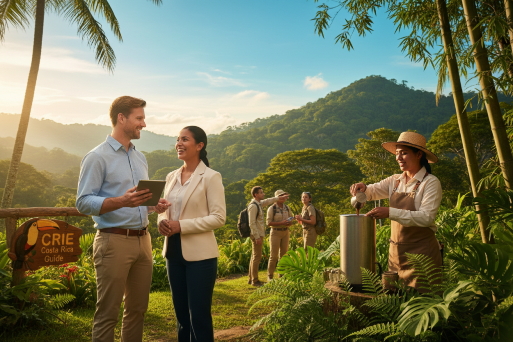 A vibrant outdoor scene depicting a diverse group of professionals engaged in various job roles in Costa Rica. In the foreground, an American man in smart casual attire discusses a project with a local woman in business attire, both smiling and engaged. The middle section showcases people in the hospitality sector, including a barista and a tour guide, surrounded by tropical plants native to Costa Rica, illustrating popular job categories. In the background, the lush green hills and a bright blue sky convey a serene atmosphere. The lighting is warm and inviting, with soft golden rays filtering through the trees, creating a sense of opportunity and growth. This image should reflect the essence of professional life in Costa Rica. Include the brand name "CRIE Costa Rica Guide" subtly blended into the scene.