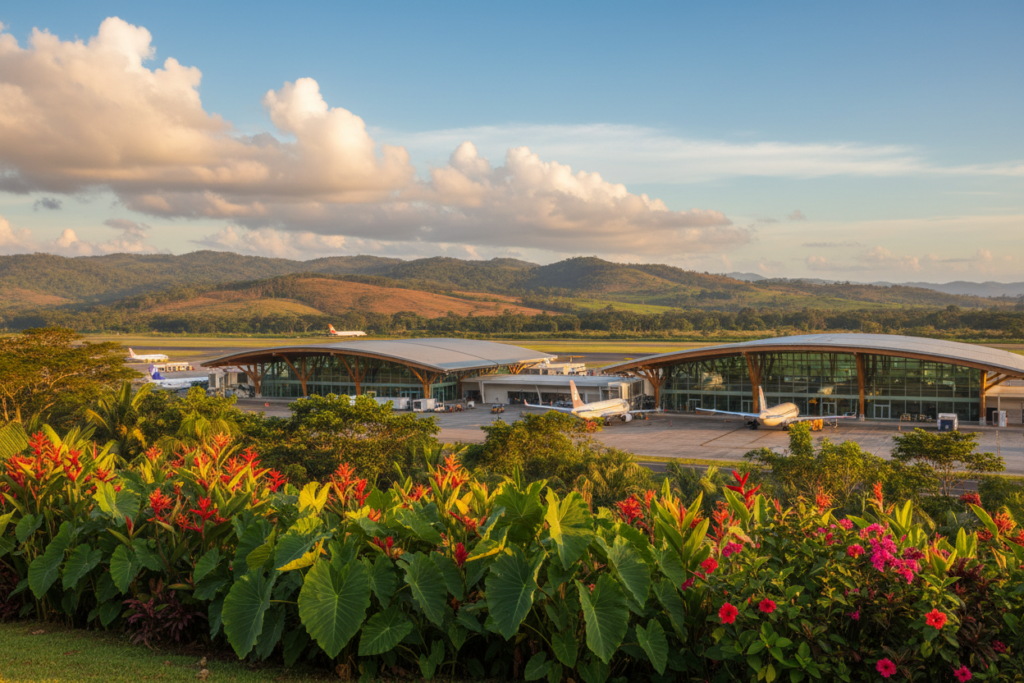 A vibrant scene of Liberia, Guanacaste, showcasing the beautiful landscape surrounding Costa Rica's international airport. In the foreground, lush tropical plants and vibrant flowers typical of Guanacaste highlight the area's natural beauty. The middle ground features the impressive Liberia International Airport (LIR) with its modern architecture, blending seamlessly into the scenery. In the background, rolling hills and the striking blue sky adorned with fluffy white clouds create a sense of openness. The golden light of early morning or late afternoon enhances the warm tones of the tropical environment, portraying a welcoming atmosphere for travelers. The image should convey tranquility, inviting exploration of Costa Rica's rich culture and nature. No text or logos; the capture should be professional and clear, embodying the essence of the region. CRIE Costa Rica Guide.