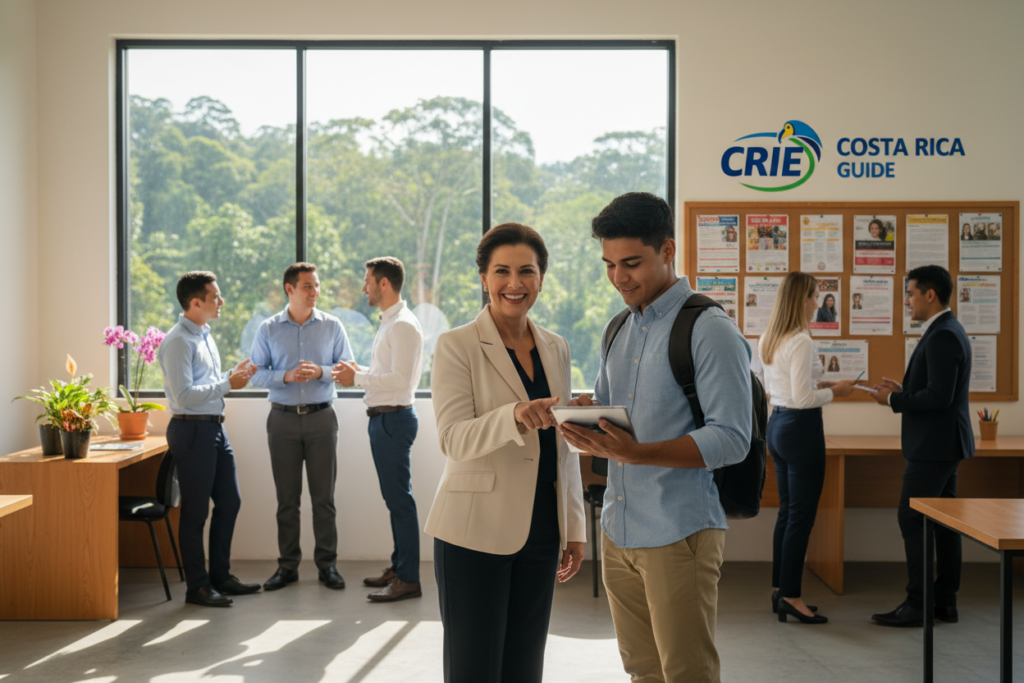A vibrant scene showcasing a diverse group of professionals engaging with job opportunities in Costa Rica. In the foreground, a middle-aged woman in smart business attire is enthusiastically discussing a job listing on a tablet with a young man dressed in casual yet professional clothing. The middle section features a cozy office environment filled with natural light, showcasing a large window with lush greenery outside, symbolizing the beauty of Costa Rica. In the background, a bulletin board displays colorful job postings, incorporating the logo of "CRIE Costa Rica Guide" prominently. The atmosphere is hopeful and energetic, with soft, warm lighting enhancing the sense of productivity and potential. The angle is slightly elevated, capturing the overall setting and interactions effectively.