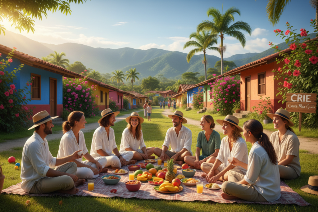 A vibrant scene showcasing expat communities in Costa Rica, featuring a diverse group of people engaged in social activities. In the foreground, a picnic gathering with individuals enjoying traditional Costa Rican food, dressed in modest casual clothing. The middle ground highlights colorful homes and lush greenery typical of Costa Rican neighborhoods, with tropical flowers and palm trees creating a welcoming atmosphere. In the background, a scenic view of mountains and a clear blue sky. Soft, natural lighting illuminates the scene, capturing the warmth of the sun at a slight golden hour angle. The overall mood is joyful and lively, reflecting the sense of community and connection among expats. No text or logos, just a vivid portrayal of life in Costa Rica. CRIE Costa Rica Guide.