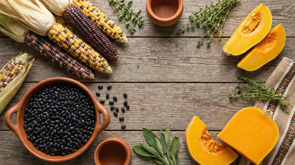 A flat lay of the Blue Zone Costa Rica diet, featuring the "three sisters": corn, beans, and squash.
