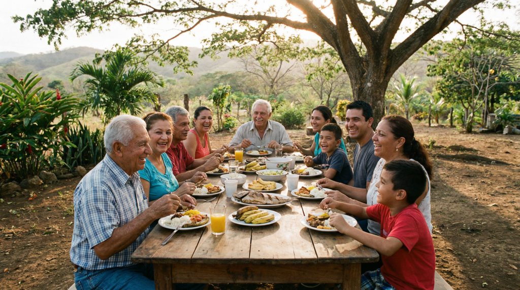 A happy, multi-generational family sharing a meal, a key to longevity in the Blue Zone of Costa Rica.
