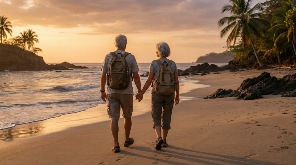  A senior couple walking on a Nicoya beach, representing the healthy, active lifestyle of the Blue Zone in Costa Rica.