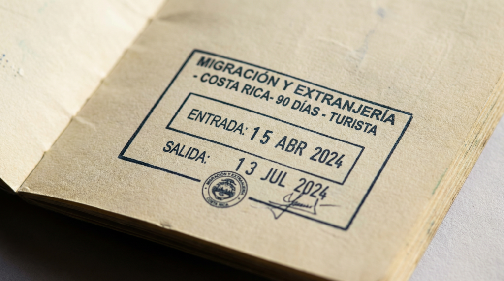 A passport open to a page with a 90-day tourist visa stamp, a key part of Costa Rica entry requirements