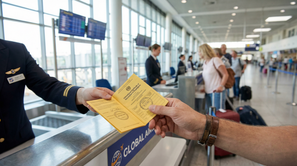 A traveler presenting a vaccination certificate, a specific example of Costa Rica entry requirements for some visitors.
