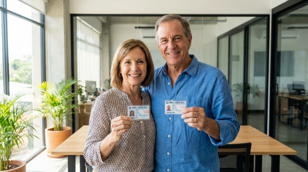 A smiling couple holding their DIMEX cards, the goal for expats beyond Costa Rica entry requirements.