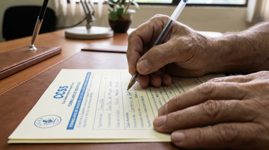 Hands filling out a CCSS form, a key step for legally hiring workers in Costa Rica and ensuring social security compliance.