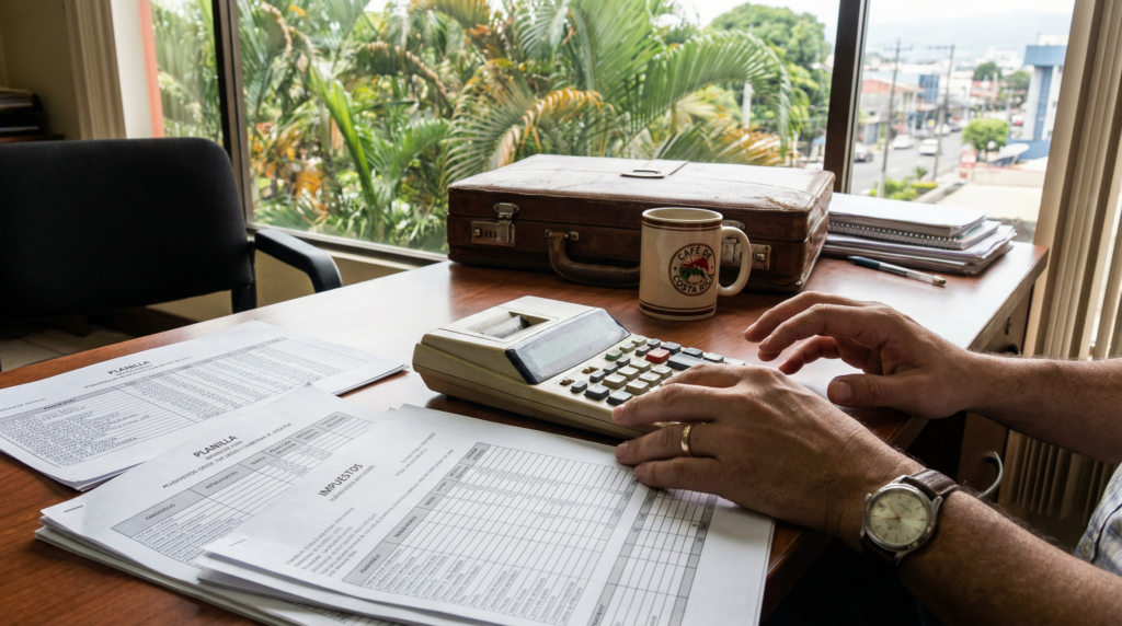 An accountant calculating payroll taxes, a crucial part of legally hiring workers in Costa Rica.