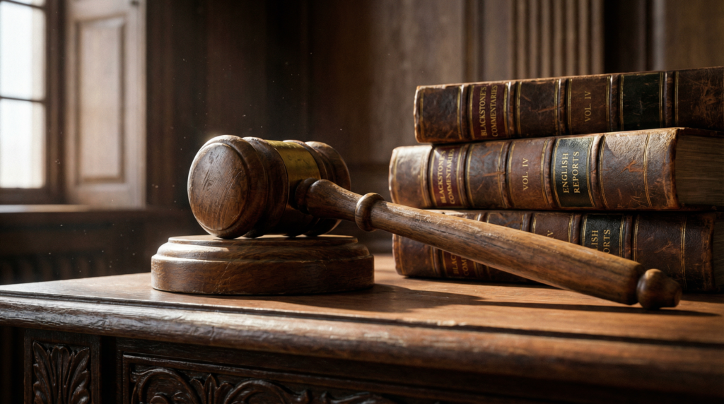 A close-up of a gavel and law books on a desk, symbolizing the legal process in Costa Rica.