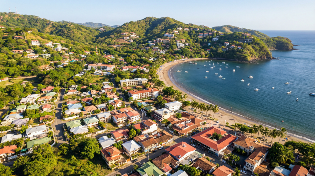 An aerial view of a coastal town in Costa Rica, representing a location where legal services for real estate are common.