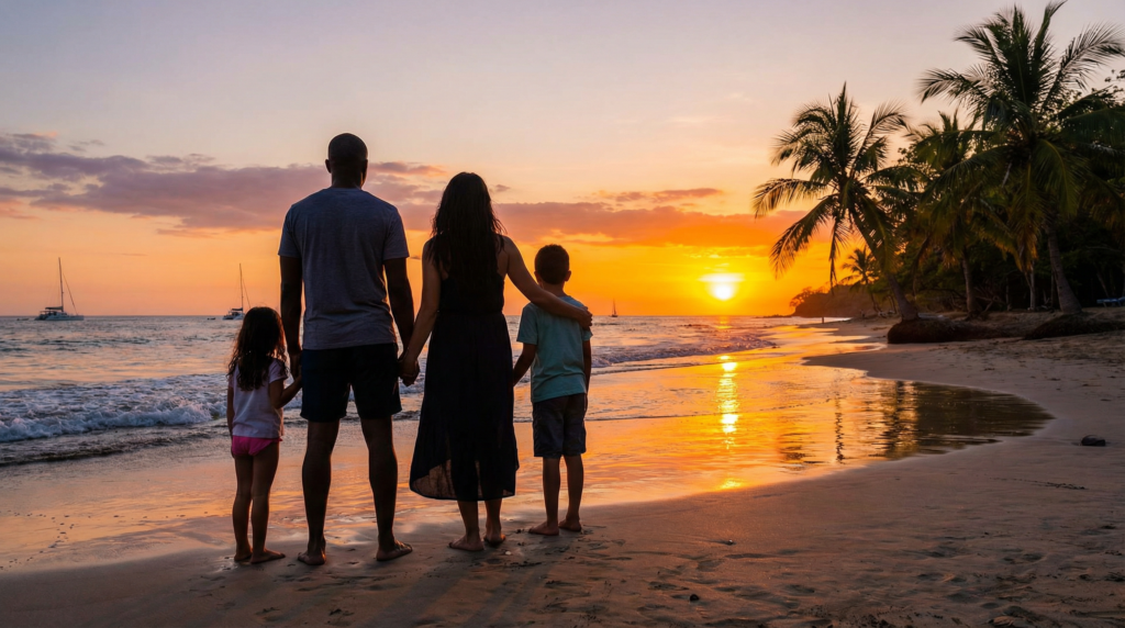Expat family enjoying a sunset on a Costa Rican beach, demonstrating the security of permanent residency.