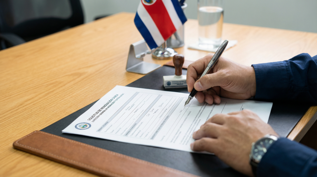 Person signing DIMEX residency renewal documents at a desk with a small Costa Rican flag, showing the process to avoid losing residency.