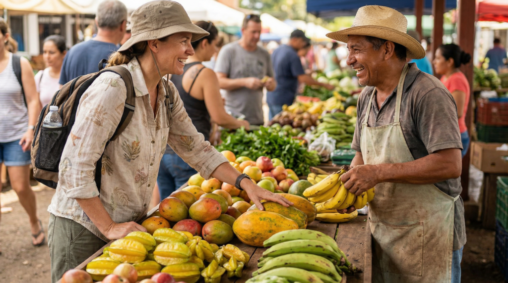 A friendly conversation between a foreign traveler and a local Costa Rican vendor at a farmers market.