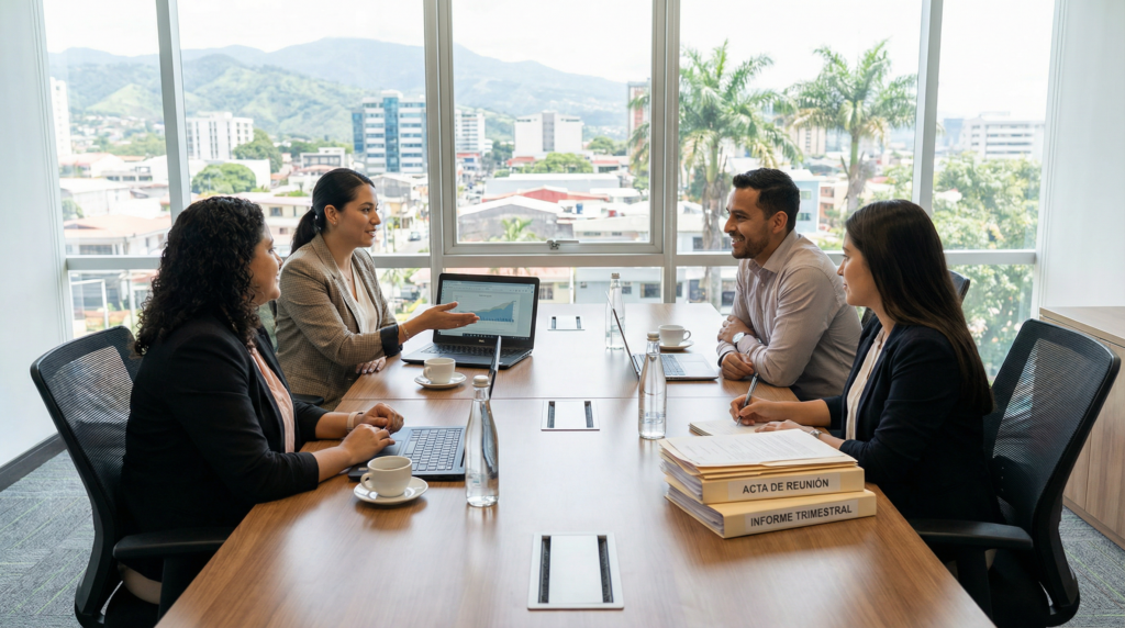 A professional business meeting in a modern Costa Rican office, with participants communicating in Spanish.