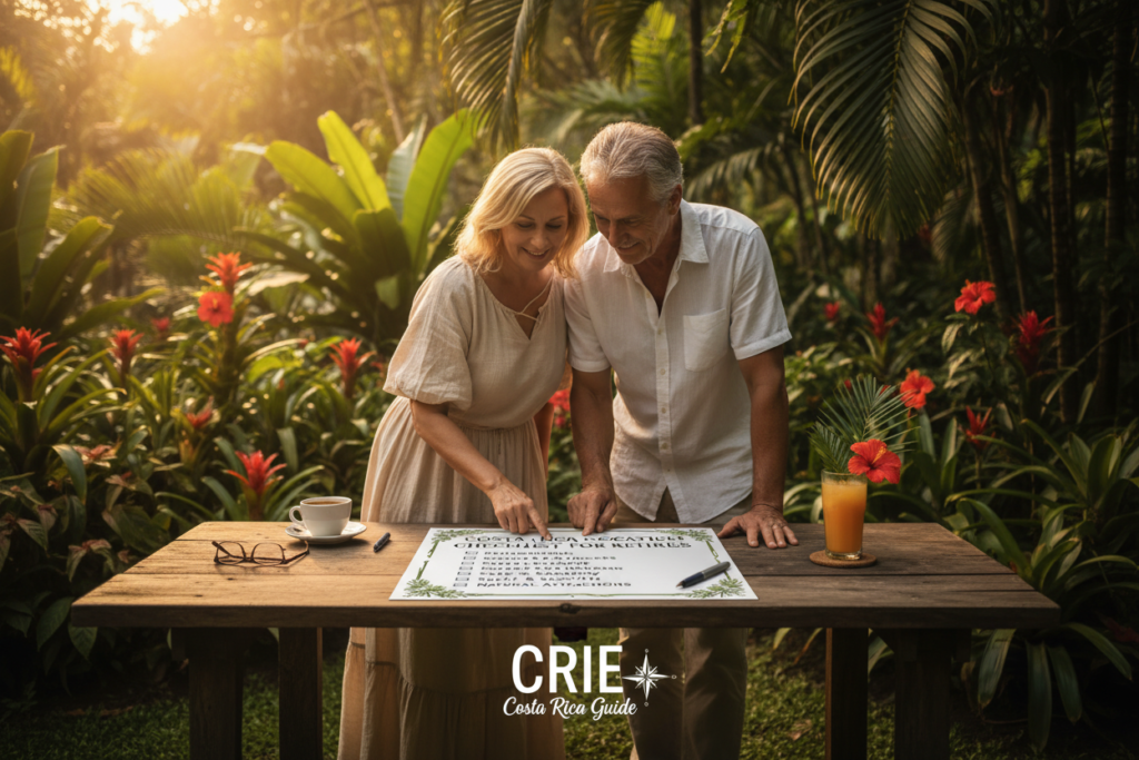 A beautiful, organized outdoor scene depicting a "Costa Rica Location Checklist" for retirees, with a lush green background of tropical flora, showcasing vibrant colors typical of Costa Rica's landscapes. In the foreground, a detailed, visually engaging checklist paper is laid out on a rustic wooden table, with bullet points clearly depicted, featuring items like "Climate considerations," "Healthcare access," and "Community amenities." To the side, a well-dressed couple in modest casual clothing is discussing the checklist, demonstrating a thoughtful, engaged approach. Golden sunlight filters through the trees, casting a warm glow over the scene, creating a serene and inviting atmosphere. The composition reflects the ease of retirement life in Costa Rica, labeled with "CRIE Costa Rica Guide" subtly integrated into the visual context, ensuring no text is added.