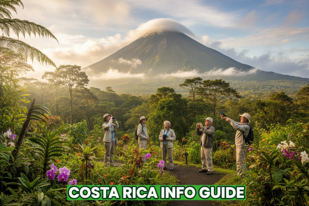 A breathtaking view of Arenal Volcano surrounded by a lush green cloud forest, with diverse tropical flora including ferns and orchids in the foreground. In the midground, a small group of seniors dressed in modest casual clothing engage in leisurely activities like birdwatching and taking photos, enjoying the vibrant surroundings. The sky is filled with wispy clouds, allowing sunlight to filter through, creating a warm and inviting atmosphere. The angle captures the height of the volcano and the depth of the forest, showcasing the region's natural beauty. The scene is vibrant and tranquil, embodying the essence of Costa Rica's rich biodiversity. The image should feel serene and inspiring, ideal for a travel guide titled "Costa Rica info guide."