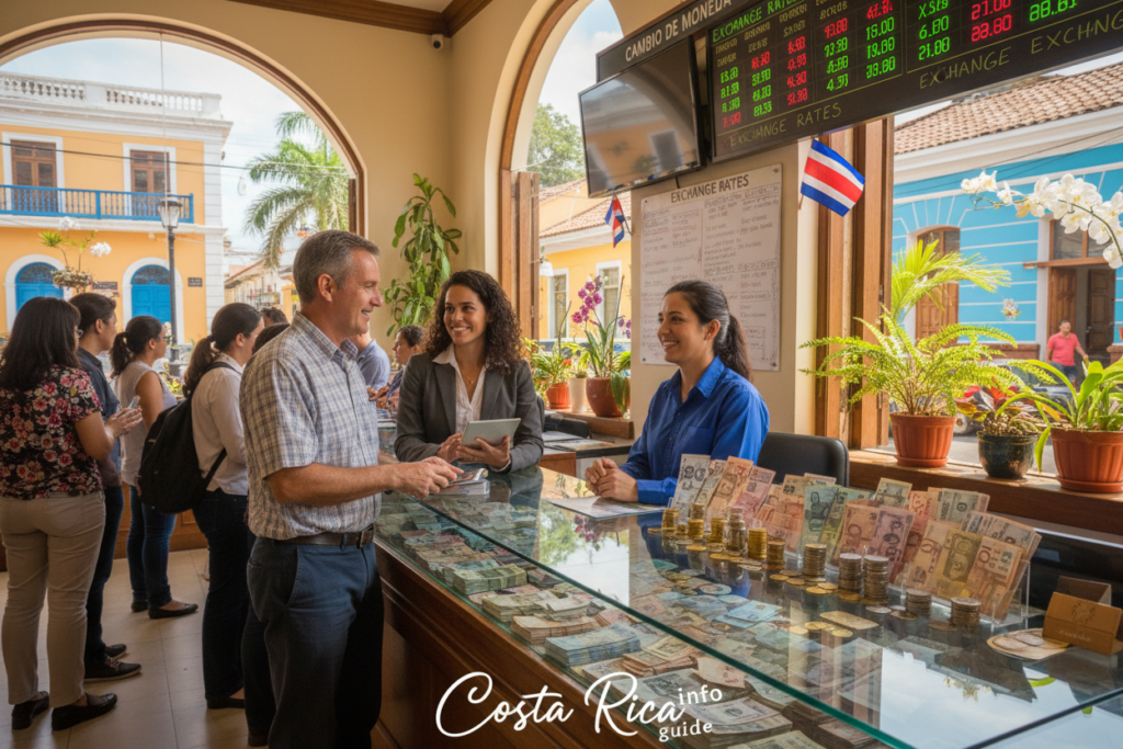 A bustling currency exchange center in Costa Rica, showcasing a variety of currency notes and coins from around the world. In the foreground, two diverse expatriates—a middle-aged man in a smart casual shirt and a young woman in business attire—are engaged in a friendly conversation with a professional-looking cashier behind a glass counter filled with currencies. The middle area features colorful signage indicating exchange rates, with Costa Rican flags subtly displayed. The background showcases a vibrant street view filled with tropical plants and colorful buildings under warm,natural lighting. Capture the essence of a lively financial hub, inviting and warm, reflecting the welcoming nature of Costa Rica. Include the phrase "Costa Rica info guide" subtly integrated into the setting.