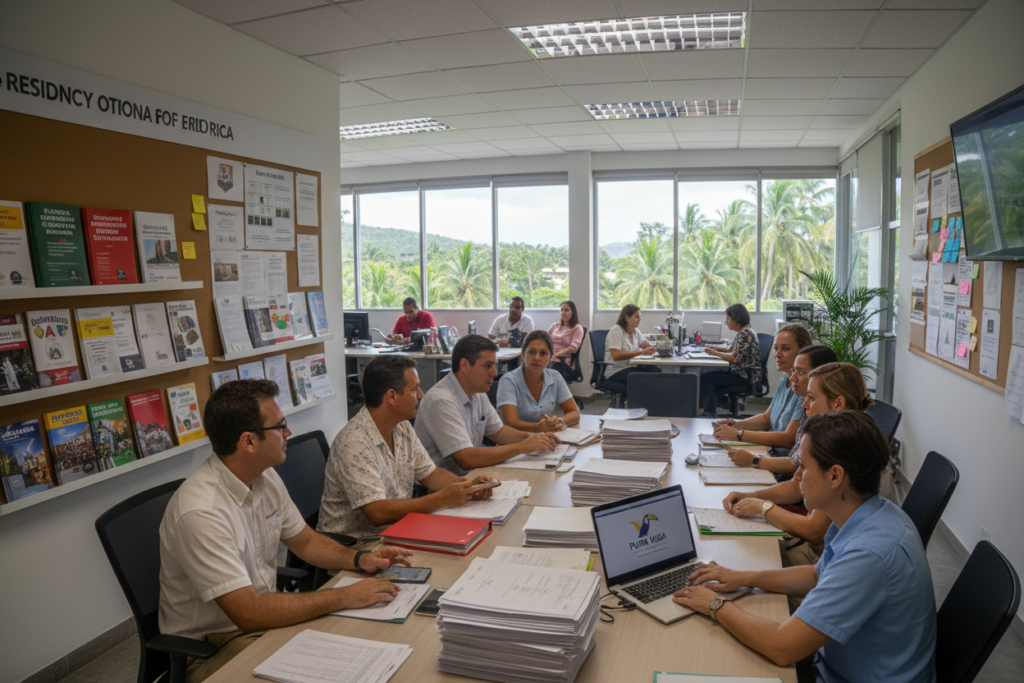 A bustling office setting showcasing Costa Rica's residency bureaucracy. In the foreground, a diverse group of Caucasian staff in business casual attire, such as polo shirts and button-downs, engaged in discussions around a table filled with paperwork and a laptop displaying the brand logo "Pura Vida Costa Rica." In the middle, a wall lined with colorful brochures about residency options, and a bulletin board detailing visa processes adds depth. In the background, large windows allow natural light to flood in, illuminating the busy office environment. The atmosphere is focused yet collaborative, reflecting the challenges and complexities of navigating bureaucracy while highlighting the cultural essence of Costa Rica. Shot with a wide-angle lens to capture the entire scene, creating an inviting and informative view.