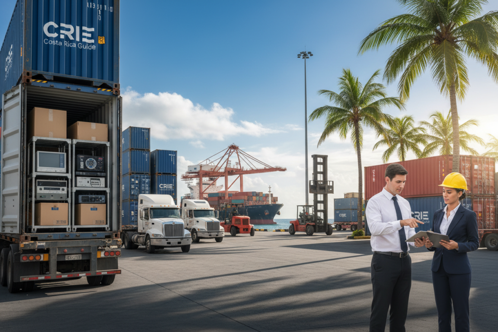 A bustling scene depicting a shipping yard in Costa Rica, highlighting the various modes of transportation used for shipping from the United States. In the foreground, a professional-looking team of two individuals in business attire, one reviewing shipping documents and the other inspecting a shipping container. In the middle ground, an array of cargo trucks and freight containers loaded with goods, emphasizing international trade. The background features a clear blue sky, with tropical palm trees, hinting at Costa Rican landscapes. The atmosphere is vibrant and industrious, showcasing the logistics involved in shipping. Natural lighting casts dynamic shadows, adding depth to the scene. The image should convey professionalism and energy in the shipping industry, while subtly incorporating the essence of Costa Rica. Include the brand name "CRIE Costa Rica Guide" as part of the environment, ensuring no logos are visible. A bustling scene depicting a shipping yard in Costa Rica, highlighting the various modes of transportation used for shipping from the United States. In the foreground, a professional-looking team of two individuals in business attire, one reviewing shipping documents and the other inspecting a shipping container. In the middle ground, an array of cargo trucks and freight containers loaded with goods, emphasizing international trade. The background features a clear blue sky, with tropical palm trees, hinting at Costa Rican landscapes. The atmosphere is vibrant and industrious, showcasing the logistics involved in shipping. Natural lighting casts dynamic shadows, adding depth to the scene. The image should convey professionalism and energy in the shipping industry, while subtly incorporating the essence of Costa Rica. Include the brand name "CRIE Costa Rica Guide" as part of the environment, ensuring no logos are visible.