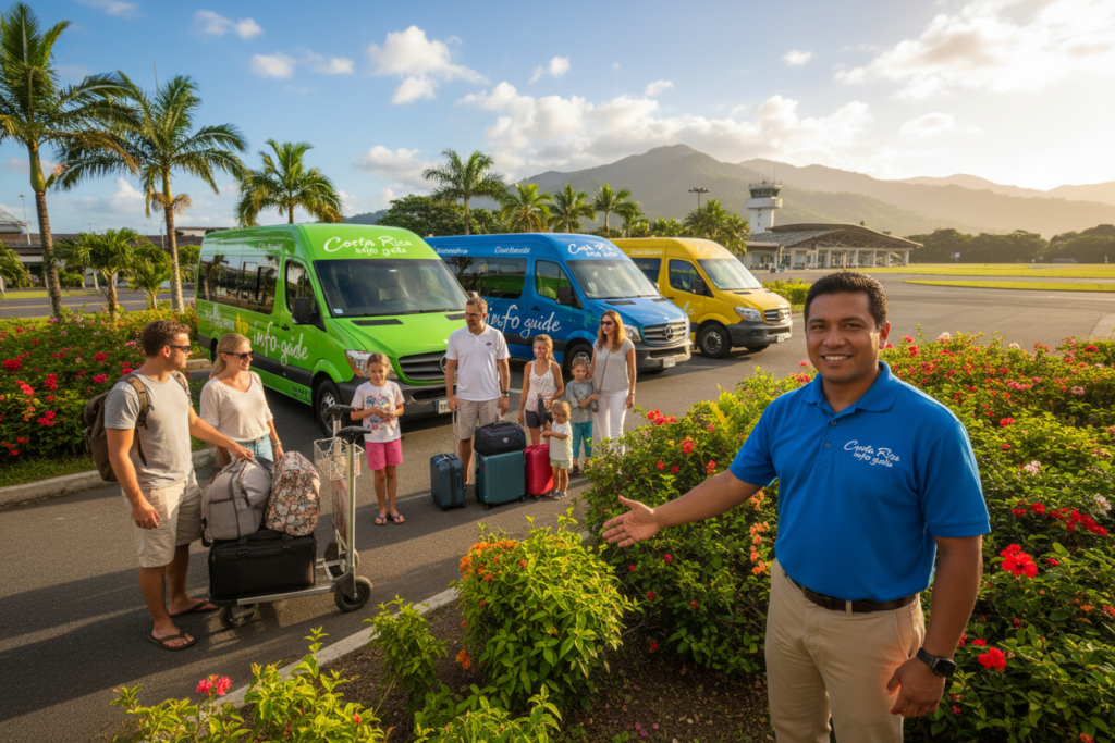 A busy airport shuttle service in Costa Rica, featuring several comfortable shuttles lined up at a vibrant tropical backdrop. In the foreground, a friendly shuttle driver in professional attire greets passengers, while families and travelers, dressed in modest casual clothing, prepare to board with luggage. The middle ground captures the colorful shuttles adorned with the brand "Costa Rica info guide" parked under a sunny sky with scattered clouds, showcasing Costa Rica's lush greenery and tropical flowers. In the background, hints of the airport and the distant mountains are visible, bathed in warm, inviting sunlight. The mood conveys friendliness and efficiency, emphasizing comfort and convenience in transport for tourists exploring Costa Rica. The angle is a slight low view, capturing the movement and energy around the shuttle service environment.