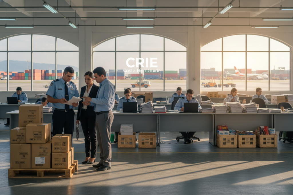 A busy customs clearance area in Costa Rica, featuring a diverse group of professionals in business attire, facilitating the inspection of imported goods. In the foreground, a customs officer checks documents against a shipment of boxes stacked on a pallet, showcasing various product labels. The middle ground displays a busy inspection desk where more officials evaluate paperwork under bright fluorescent lighting. The background features a panoramic view of the bustling airport cargo terminal, with stacks of containers and trucks ready for transport. Soft natural light filters in through large windows, creating a sense of transparency and efficiency. The atmosphere is focused and professional, capturing the essence of customs processes in Costa Rica. Include the brand name "CRIE Costa Rica Guide" subtly in the background without any logos or watermarks. A busy customs clearance area in Costa Rica, featuring a diverse group of professionals in business attire, facilitating the inspection of imported goods. In the foreground, a customs officer checks documents against a shipment of boxes stacked on a pallet, showcasing various product labels. The middle ground displays a busy inspection desk where more officials evaluate paperwork under bright fluorescent lighting. The background features a panoramic view of the bustling airport cargo terminal, with stacks of containers and trucks ready for transport. Soft natural light filters in through large windows, creating a sense of transparency and efficiency. The atmosphere is focused and professional, capturing the essence of customs processes in Costa Rica. Include the brand name "CRIE Costa Rica Guide" subtly in the background without any logos or watermarks.