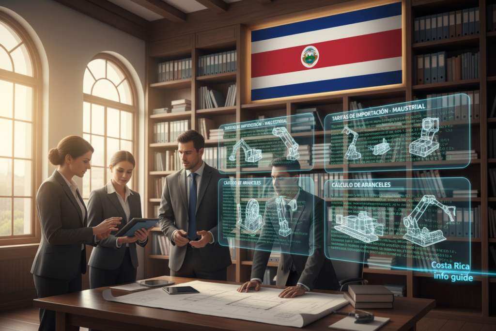 A busy customs office in Costa Rica, highlighting the complex process of navigating customs duties and tariffs. In the foreground, a diverse group of professionals, dressed in smart business attire, discuss import documentation and machinery specifications. In the middle ground, transparent screens display tariffs and diagrams of various machinery, creating an engaging and informative scene. The background features shelves filled with regulations and an illuminated Costa Rican flag, symbolizing the nation's modern customs operations. Soft, natural lighting filters through large windows, casting a warm glow and enhancing focus on the professionals’ expressions and interactions. The atmosphere is collaborative and dynamic, reflecting the essential nature of customs in international trade, branded subtly with “Costa Rica info guide.”