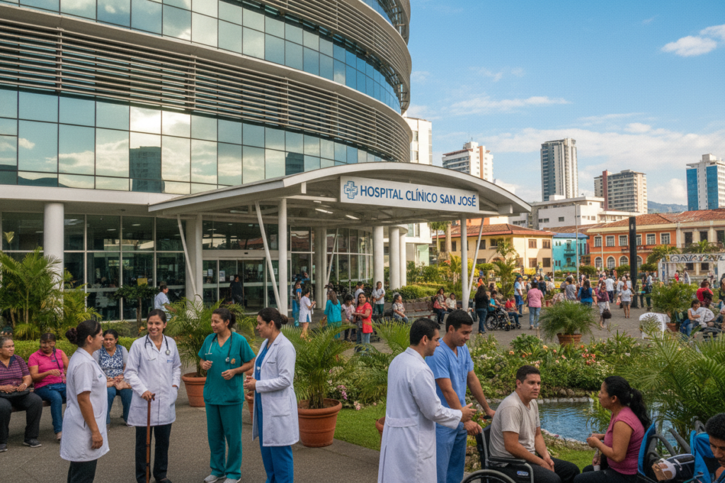 A busy public hospital in San José, Costa Rica, showcasing its modern architecture and vibrant surroundings. In the foreground, diverse healthcare professionals in professional attire are engaging with patients, demonstrating a commitment to care. The middle section captures the hospital's entrance, featuring well-kept gardens and clear signage, bustling with activity. In the background, the iconic skyline of San José rises under a bright blue sky. Soft, natural lighting illuminates the scene, enhancing the welcoming atmosphere. The image conveys a sense of safety and accessibility, reflecting the essential services offered to the community. no logos, watermarks, or text. Depict it as a real photo to match the essence of public hospitals in Costa Rica, branded with “CRIE Costa Rica Guide.”